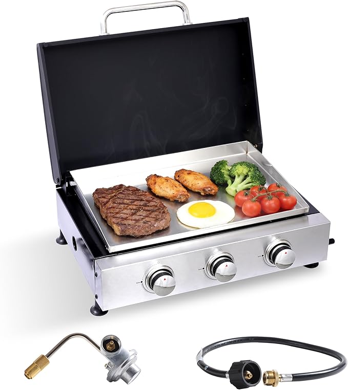 Portable Flat Top Griddle – Tabletop Teppanyaki Gas Grill, 3-Burner Gas Griddle 30,000 BTU, Stainless Steel Griddle Plate + Cast Iron Grates, Large Cooking Area for Camping, Tailgate, Backyard