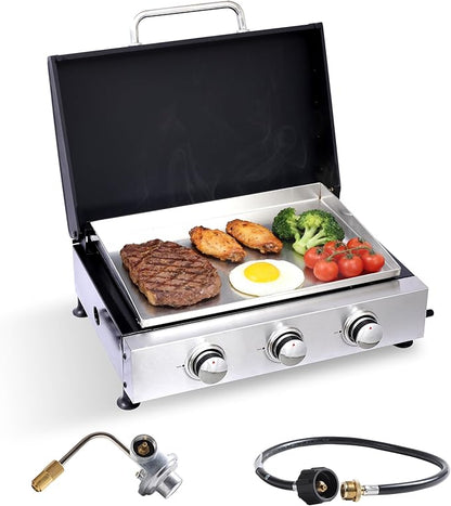 Portable Flat Top Griddle – Tabletop Teppanyaki Gas Grill, 3-Burner Gas Griddle 30,000 BTU, Stainless Steel Griddle Plate + Cast Iron Grates, Large Cooking Area for Camping, Tailgate, Backyard