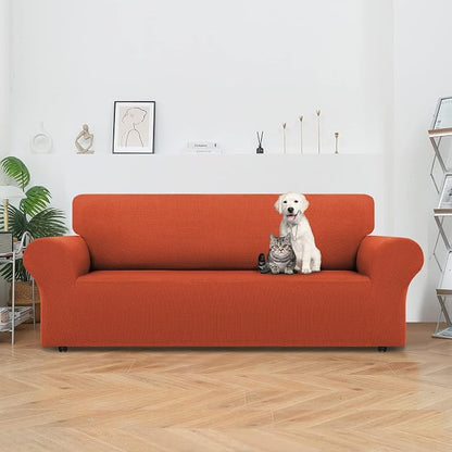 LURKA Stretch Sofa Slipcovers 1 Piece Couch Covers for 3 Cushion Couch Sofa Furniture Protector Full Sofa Covers with Elastic Bottom for Kids and Dog (Large, Pumpkin)
