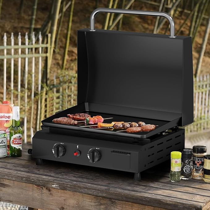 SKOK 2 Burner Gas Griddle with Hood- 17 Inch Outdoor Propane Griddle-30000 BTU Propane Fuelled, Portable Flat Top Gas Grill Camping Griddle with Lid for Kitchen, Outdoor BBQ
