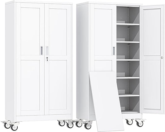 erosoei 74" H Metal Garage Storage Cabinet, Rolling Tool Cabinet with 2 Doors and Wheels, Locker Steel Cabinet with 5 Adjustable Shelves, Organization Cabinet for Garage,Office,Home,Gym,School（White）