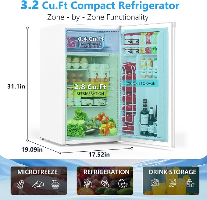 COWSAR 3.2 Cu.Ft Dorm Fridge with Freezer, Single Reversible Door Compact Refrigerator, Adjustable Thermostat, 2 Removable Shelves, Commercial Drink Fridge for Bedroom, Office, Kitchen, Dorm, White