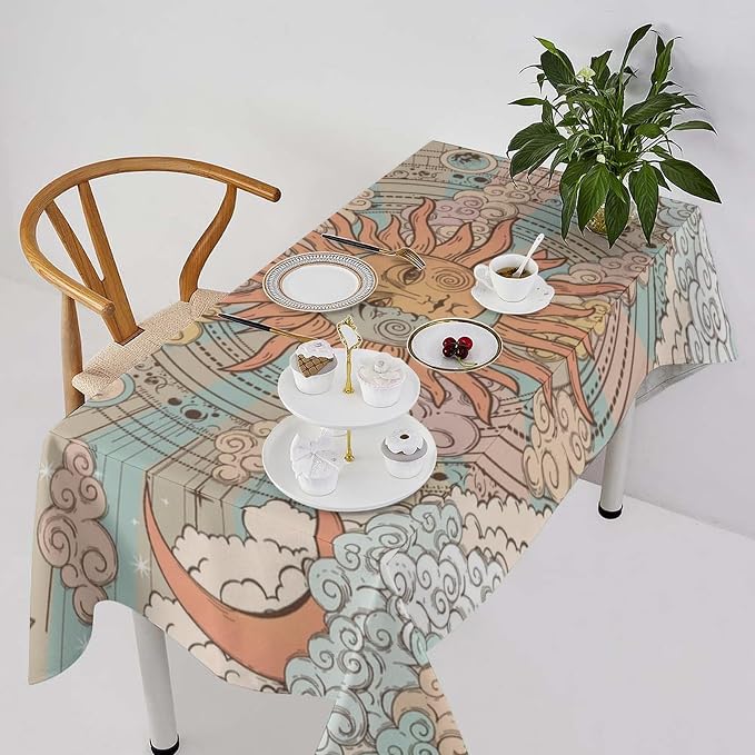 Retro Sun Moon Tablecloth Vintage Mystical Astrology Tarot Zodiac Galaxy Space Table Cloth Water Resistant Wipeable Table Cover for Farmhouse Picnic Party Holiday Kitchen Dinner Table 60"x90"