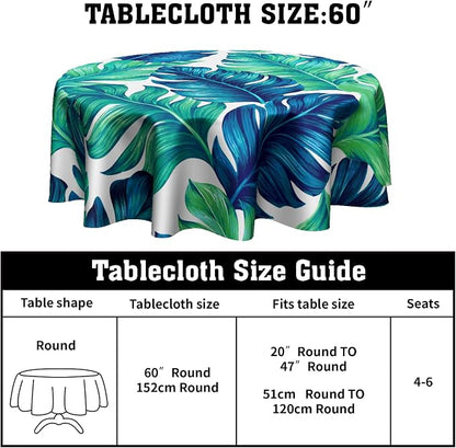 Sweetshow Tropical Tablecloth Round 60 Inches for Summer Green Hawaiian Palm Leaf Round Tablecloth Polyester Washable Circle Table Cover Table Cloth for Kitchen Dining Room Picnic Patio Wedding Party