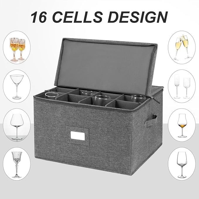popoly Stemware Storage Cases 2 Pack, Wine Glass Storage Box Containers | Glassware Storage Containers for Glassware or Crystal, Holds 32 Red or White Wine Glasses, Hard Top and Stackable (Grey)