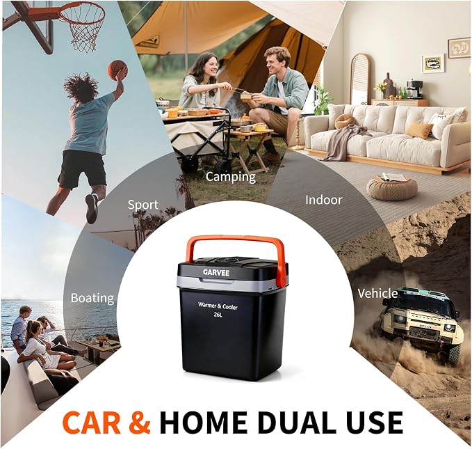 Garvee 26 L Electric Cooler & Warmer, Portable Car Refrigerator with Auto-Lock Handle, 12V DC for Cars & Trucks, Equipped with 110V AC Household Power Cord, Plug-in Cooling Fridge, Black&Orange