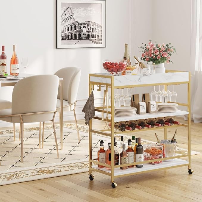 Gold Bar Cart on Wheels for Home with Wine Rack & Glass Holders | 3-Tier, Rolling Serving Cart for liquor, Wine and Beverages, Lockable Mobile Wheels for Home Bars, Faux Marble+ Gold Frame