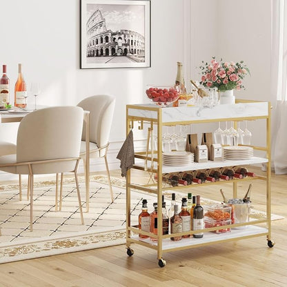 Gold Bar Cart on Wheels for Home with Wine Rack & Glass Holders | 3-Tier, Rolling Serving Cart for liquor, Wine and Beverages, Lockable Mobile Wheels for Home Bars, Faux Marble+ Gold Frame