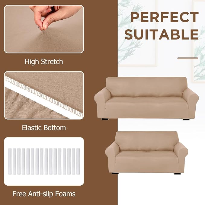 Peryiter 2 Pcs Couch and Loveseat Sofa Covers,Sand Color,Milk Silk | Armchair Covers for Living Room, Sofa Cushion Slipcover 2/3 Seater, Furniture Protector, Polyester and Spandex, Washable