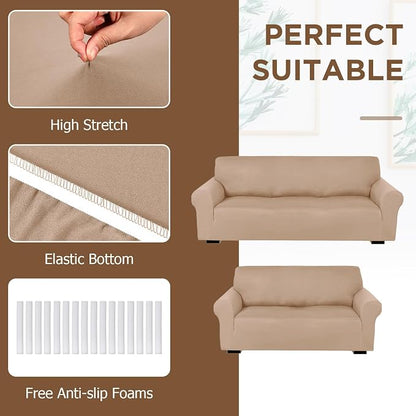 Peryiter 2 Pcs Couch and Loveseat Sofa Covers,Sand Color,Milk Silk | Armchair Covers for Living Room, Sofa Cushion Slipcover 2/3 Seater, Furniture Protector, Polyester and Spandex, Washable