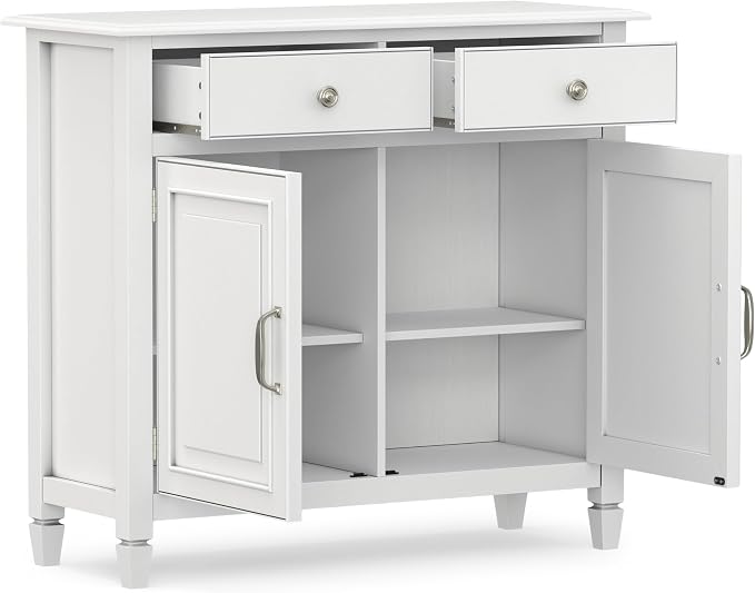 SIMPLIHOME Connaught 40" Wide Solid Wood Storage Cabinet in White | Traditional slim entryway and living room organizer for hats, gloves, shoes and keys with space-saving storage design.