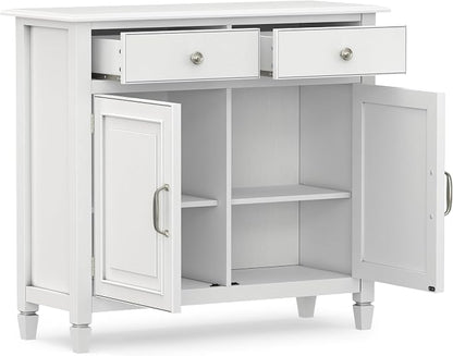 SIMPLIHOME Connaught 40" Wide Solid Wood Storage Cabinet in White | Traditional slim entryway and living room organizer for hats, gloves, shoes and keys with space-saving storage design.