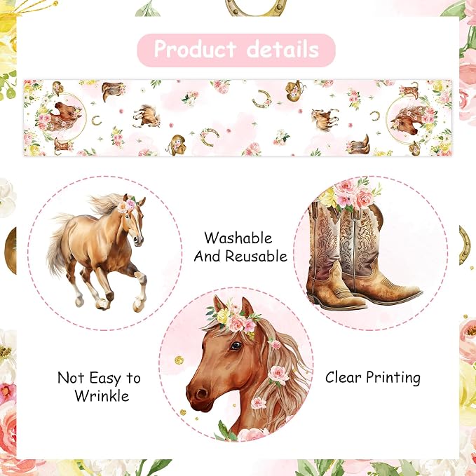 Floral Horse Theme Table Runner, Western Cowgirl Linen Fabric Table Runner for Everyday Use 72 x 13 Inches, Washable Table Cover for Indoor Outdoor Kitchen Dining Table Home Decorations