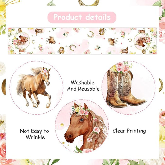 Floral Horse Theme Table Runner, Western Cowgirl Linen Fabric Table Runner for Everyday Use 72 x 13 Inches, Washable Table Cover for Indoor Outdoor Kitchen Dining Table Home Decorations