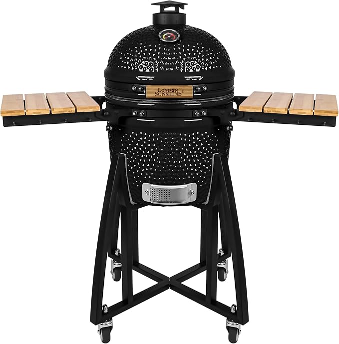 London Sunshine 15-inch Ceramic Kamado Charcoal BBQ Grill & Smoker with Locking Casters, Foldable Side Shelves, Stainless Steel Grates, and Tall Stand (Black)