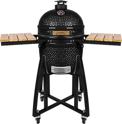 London Sunshine 15-inch Ceramic Kamado Charcoal BBQ Grill & Smoker with Locking Casters, Foldable Side Shelves, Stainless Steel Grates, and Tall Stand (Black)