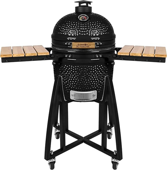London Sunshine 15-inch Ceramic Kamado Charcoal BBQ Grill & Smoker with Locking Casters, Foldable Side Shelves, Stainless Steel Grates, and Tall Stand (Black)