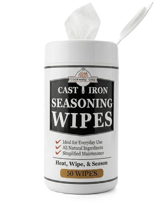 Cookware Care Cast Iron Seasoning & Cleaning Oil Wipes – Seasons, Cleans & Conditions Cast Iron Skillet, Carbon Steel & Blackstone Griddle | 50 Wipes, Made in USA with Grapeseed Oil (1 Pack)