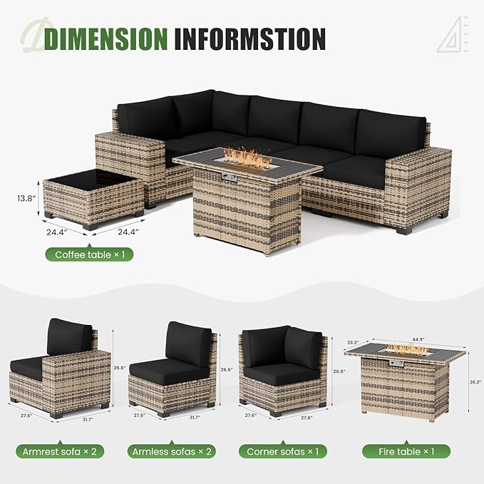 UDPATIO Patio Furniture Set with Fire Pit Table, 8 Inch Armrest Outdoor Sectional Sofas, 8 Piece All-Weather Wicker Conversation for Garden, Backyard