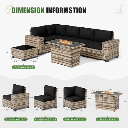 UDPATIO Patio Furniture Set with Fire Pit Table, 8 Inch Armrest Outdoor Sectional Sofas, 8 Piece All-Weather Wicker Conversation for Garden, Backyard