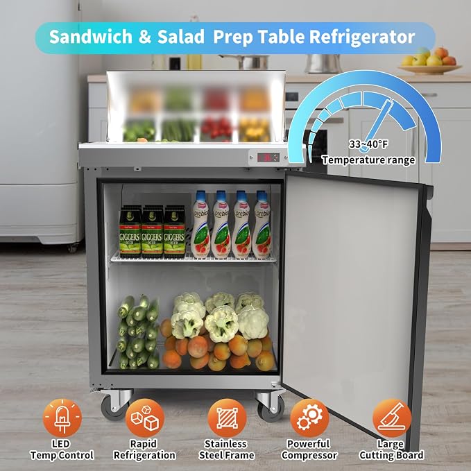 29" W Commercial Refrigerator Sandwich Salad Prep Table Refrigerator Stainless Steel with 8 Pans, Kitchen Equipment for Restaurant, Bar, Shop, Buffet, etc