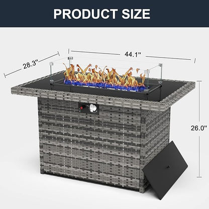 44 Inch Propane Gas Fire Pits Table for Outside Patio, 60000 BTU Rectangular Outdoor Wicker Rattan Fire Pit with Glass Wind Guard
