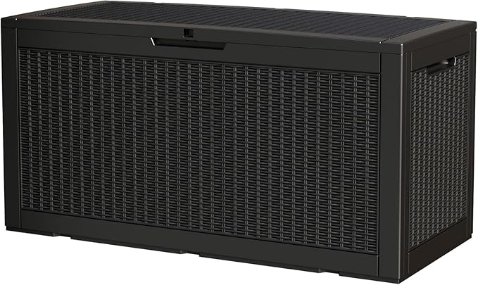 100 Gallon Storage Box, Waterproof Resin Deck Box with Hydraulic Piston Design, Lockable Storage Bench for Package Delivery, Storage Bin for Patio Cushions, Garden Tools, Black