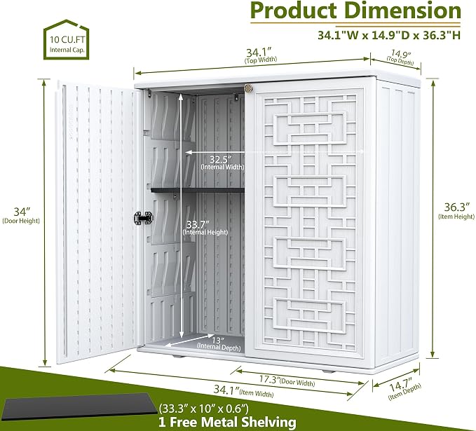 ZZM HDPE Outdoor Storage Shed, Outdoor Plastic Storage Cabinet, Horizontal Resin Tool Shed for Garden, All Weather Outdoor Storage Clearance, DIY Usage, with one Shelf (White)