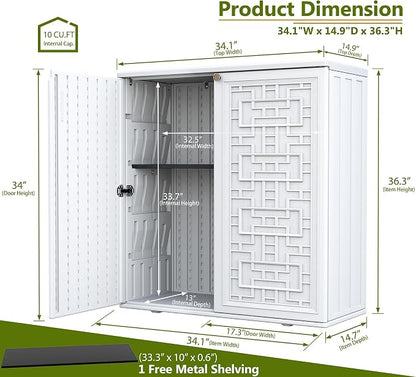 ZZM HDPE Outdoor Storage Shed, Outdoor Plastic Storage Cabinet, Horizontal Resin Tool Shed for Garden, All Weather Outdoor Storage Clearance, DIY Usage, with one Shelf (White)