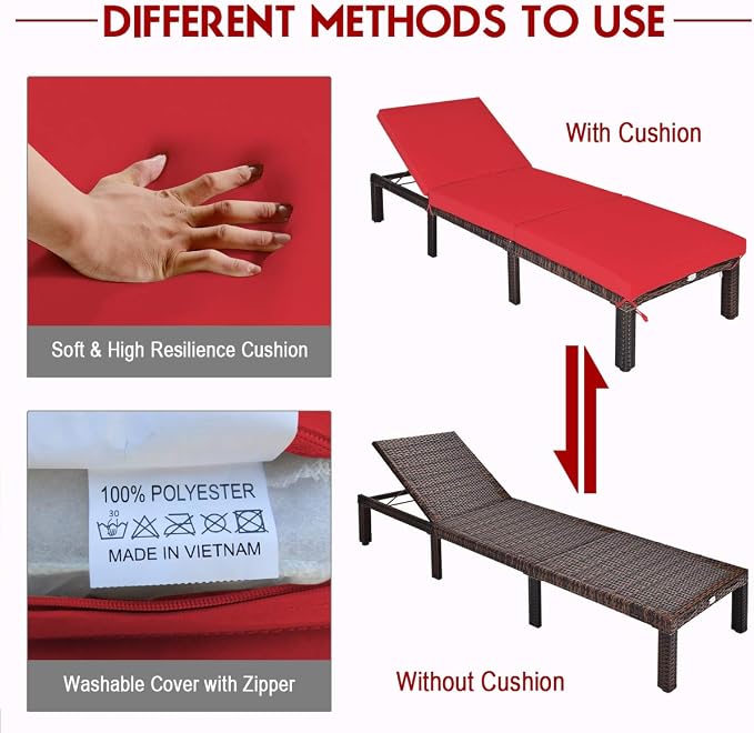 Tangkula Rattan Wicker Chaise Lounge Chair, Outdoor Patio Lounger Recliner Chair w/Adjustable Backrest, Heavy-Duty Reclining Chair Sunbed with Thick Zippered Cushion for Garden Yard Patio (1, Red)