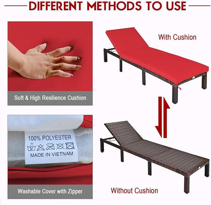 Tangkula Rattan Wicker Chaise Lounge Chair, Outdoor Patio Lounger Recliner Chair w/Adjustable Backrest, Heavy-Duty Reclining Chair Sunbed with Thick Zippered Cushion for Garden Yard Patio (1, Red)