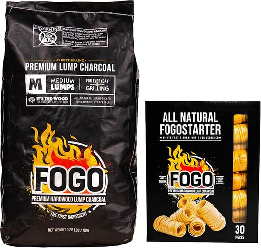 FOGO Premium Hardwood Lump Charcoal, Natural Medium Sized Lump Charcoal 17.6 Pound Bag and FOGO Fogostarters Natural Fire Starters, 30 Count Box, Bundle