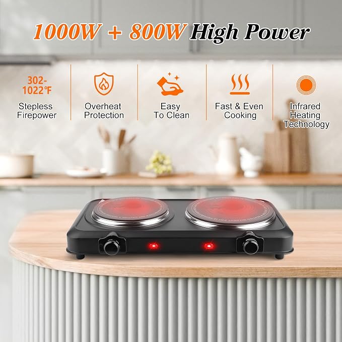 1800W Electric Stove Infrared Burner, Portable Double Burner Electric Cooktop with Stepless Temperature Adjustments, Counter Dual Stove with 7.5” Glass Cooktop for Home RV Camp Cooking