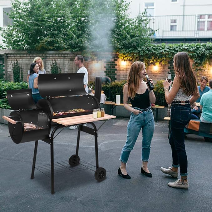 Dual Chamber Charcoal Grill & Smoker, Oil Drum BBQ with Side Smoker, 500-600°F High Temp, Portable Outdoor Grill with Wheels, Thermometer, Wood Shelf for Patio Camping Backyard Family Gathering Black