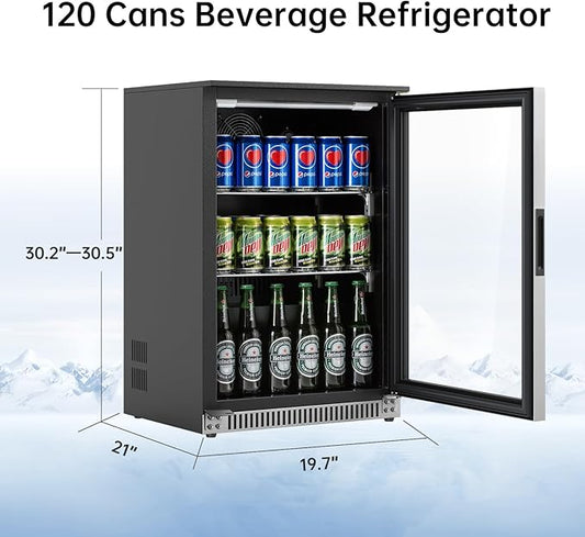 Weili 20 Inch Built in Beverage Refrigerator with Lock, Under Counter or Freestanding 120 Can Soda Beer Drink Cooler Fridge with Stainless Steel and Glass Door