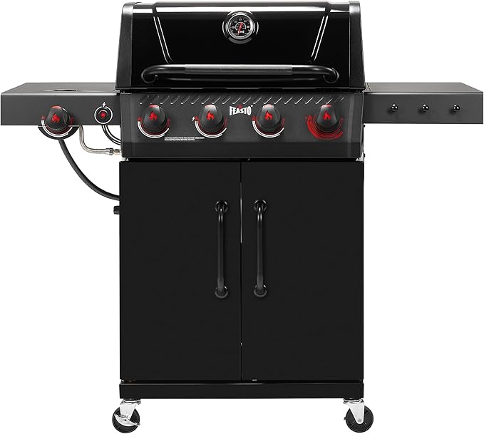 Feasto 4-Burner Propane Gas Grill w/Sear & Side Burner, Porcelain-Enameled Main Body and Lid, 49,500 BTU Outdoor BBQ Grill, 563 Sq. In. Cooking Area, Cabinet Storage, Backyard Patio Grill, Black