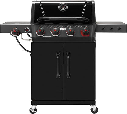 Feasto 4-Burner Propane Gas Grill w/Sear & Side Burner, Porcelain-Enameled Main Body and Lid, 49,500 BTU Outdoor BBQ Grill, 563 Sq. In. Cooking Area, Cabinet Storage, Backyard Patio Grill, Black