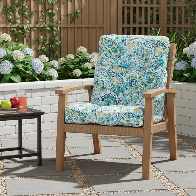 Outdoor Tufted High-Back Chair Cushions, One-Piece Hinged Seat and Back Design, Reversible with 4 Ties, Durable Polyester Fabric, Recycled Fiber Fill - Single, Baltic Paisley