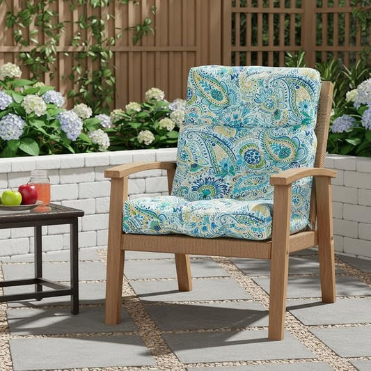 Outdoor Tufted High-Back Chair Cushions, One-Piece Hinged Seat and Back Design, Reversible with 4 Ties, Durable Polyester Fabric, Recycled Fiber Fill - Single, Baltic Paisley