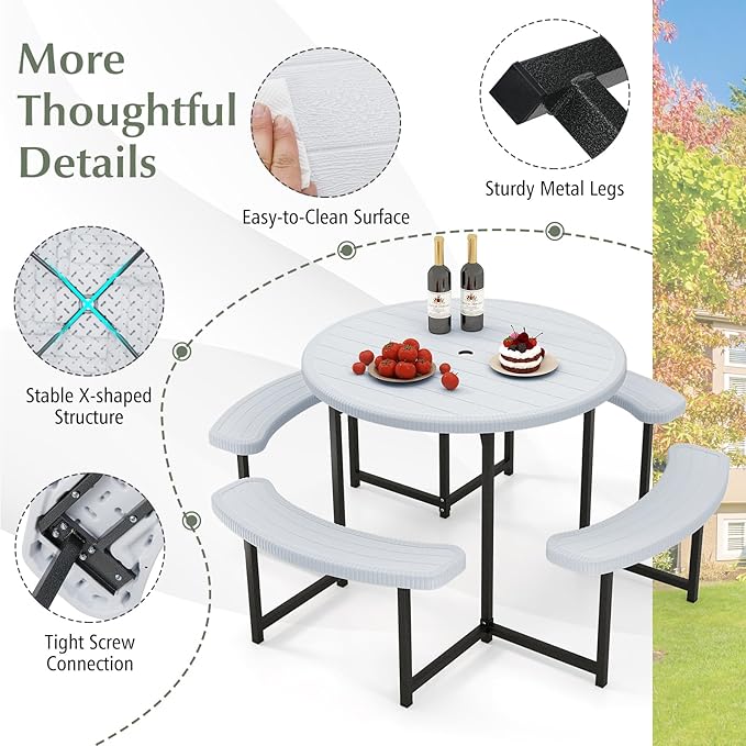 Giantex Picnic Table Bench Set for 4-8 Person, Round 37” Outdoor Dining Table w/Umbrella Hole, HDPE Tabletop, Metal Frame, Patio Furniture Set for Backyard Porch Lawn, 1400lb Capacity (White,Round)
