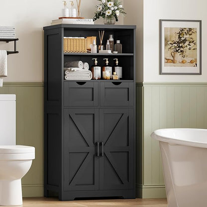 Storage Cabinet with Doors & 2 Drawers, Kitchen Cabinet with Adjustable Shelf, Pantry Cabinets, Bathroom Cabinets, for Living Room, Entryway, Home Office, Black