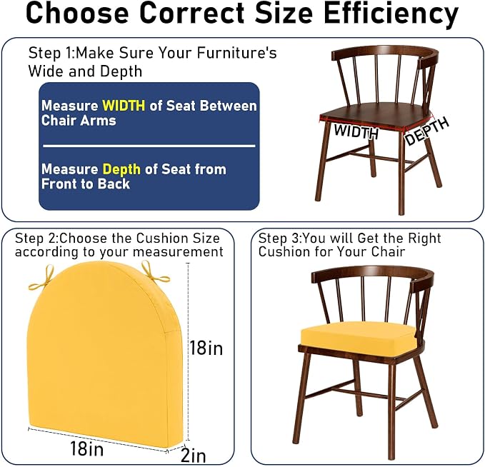 Topotdor Outdoor Chair Cushions Set of 2, 18"x18"x2" Waterproof Patio Chair Cushions for Outdoor Furniture, Round Corner Outdoor Seat Cushions Color Fastness Chair Pads with Ties, Yellow