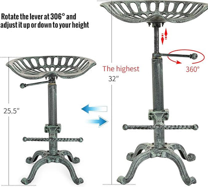 Sungmor 26-32 Inch Adjustable Cast Iron Swivel Bar Stool - Antique Green | Vintage Industrial Barstool with Ergonomic Seat & Footrest for Home Bar Bistro Counter Height Dining Decor Accent