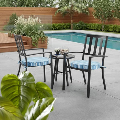 Set of 2 Outdoor 18 inch Round Patio Dining Chair Pads – Comfortable Fiber-Filled Seat Cushions with Ties, Reversible Polyester Fabric - Sapphire Stripe