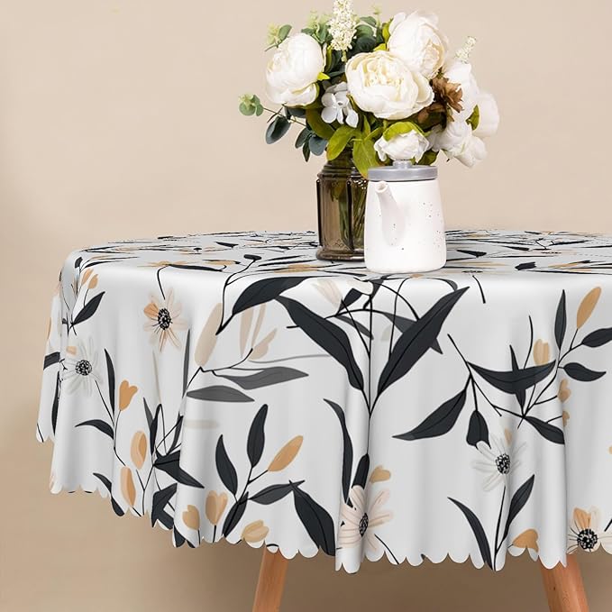 Floral Round Tablecloth Black and Yellow Leaves Flowers Circle Table Cloth Perfect for Spring Home Decor 60 Inch Botanical Waterproof Resistant Circle Table Cover for Kitchen Dining Room