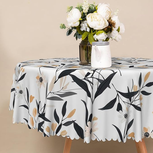 Floral Round Tablecloth Black and Yellow Leaves Flowers Circle Table Cloth Perfect for Spring Home Decor 60 Inch Botanical Waterproof Resistant Circle Table Cover for Kitchen Dining Room