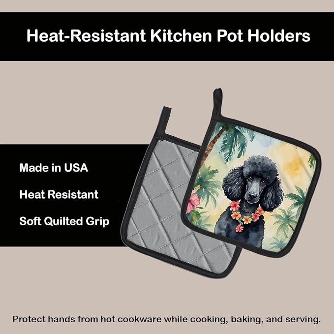 Caroline's Treasures Black Poodle Luau Pair of Pot Holders Kitchen Heat Resistant Pot Holders Sets Oven Hot Pads for Cooking Baking BBQ, 7 1/2 x 7 1/2