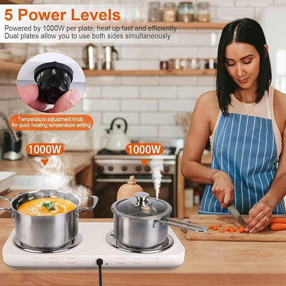 KOCASO 2000W Dual Burner Portable Electric Hot Plate with Coil Heating Elements, 5 Temperature Settings (302℉-1022℉), Non-Slip Rubber Feet for Countertop, RV, Dorm & Apartment Use