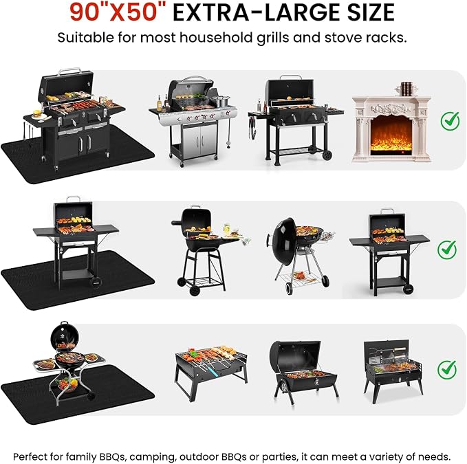 90 x 50 Inch Large Under Grill Mats for Outdoor Grill, Double-Sided Fireproof Waterproof Oil-Proof BBQ Mat, Indoor Fire Pit/Fireplace Mat, Protector Mat for Deck, Patio, Lawn, Fireplace