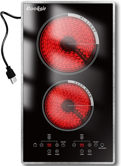 2 Burner Electric Cooktop - 110v Countertop and Built-in Electric Stove 2000W, 12 Inch Ceramic Stove with Residual Heat Indicator, Over-Temperature Protection, Knob Control, 110-120V Plug in